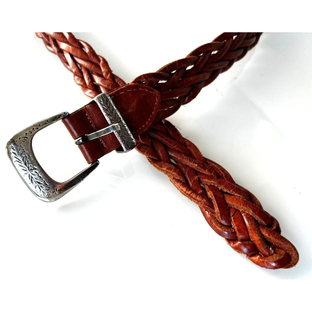 Braided Leather Belt Etched Silver Plate Buckle Made in Argentina Brown S
